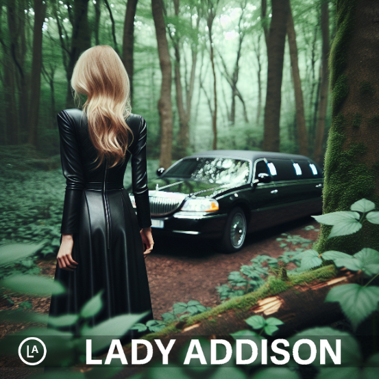 Blonde Frau, gekleidet in langen schwarzen Ledermantel steht im Wald. Im Hintergrund eine Stretch Limousine