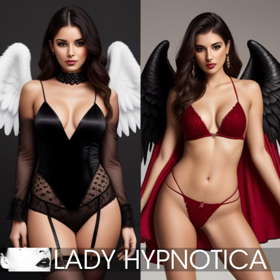Zwei sinnliche, sexy Frauen die Engel und Teufel repräsentieren