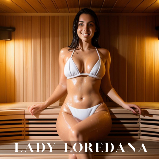 Sexy Frau in Bikini sitzt schwitzend in einer Sauna