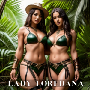 Zwei sinnliche Amazonen in grünen Leder-Bikinis im Urwald