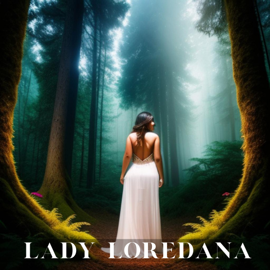Frau mit langem, rückenfreien Kleid steht in einem mystischen Wald