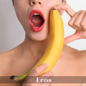 Frau hält eine Banane an ihr Gesicht, zeigt an, dass sie groß ist. Penisvergrößerung, Eros, MindMaster, erotische Hypnose